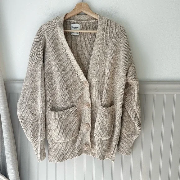 Abercrombie & Fitch Heathered Tan Chunky Knit Cardigan - Picture 1 of 4
